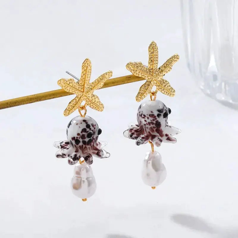 Simples Market cute octopus earrings featuring gold starfish studs and dangling glass octopus with pearl drops