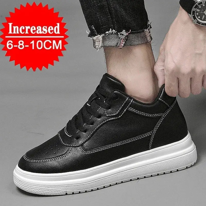 Men's black leather elevator sneakers with white sole, height increase 6/8/10 cm.