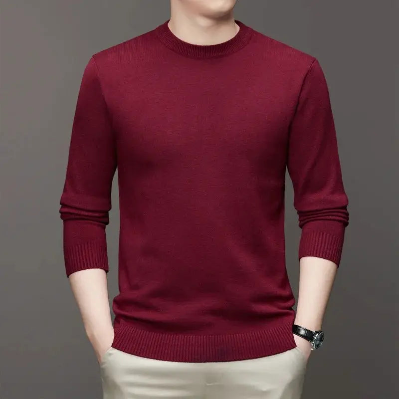 Men's burgundy crewneck knit pullover sweater, lightweight solid color with long sleeves