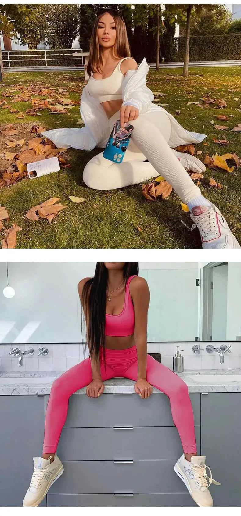 Thread Solid Leggings by Simples Market; seamless knit, high-waist workout tights shown in white and pink colorways.