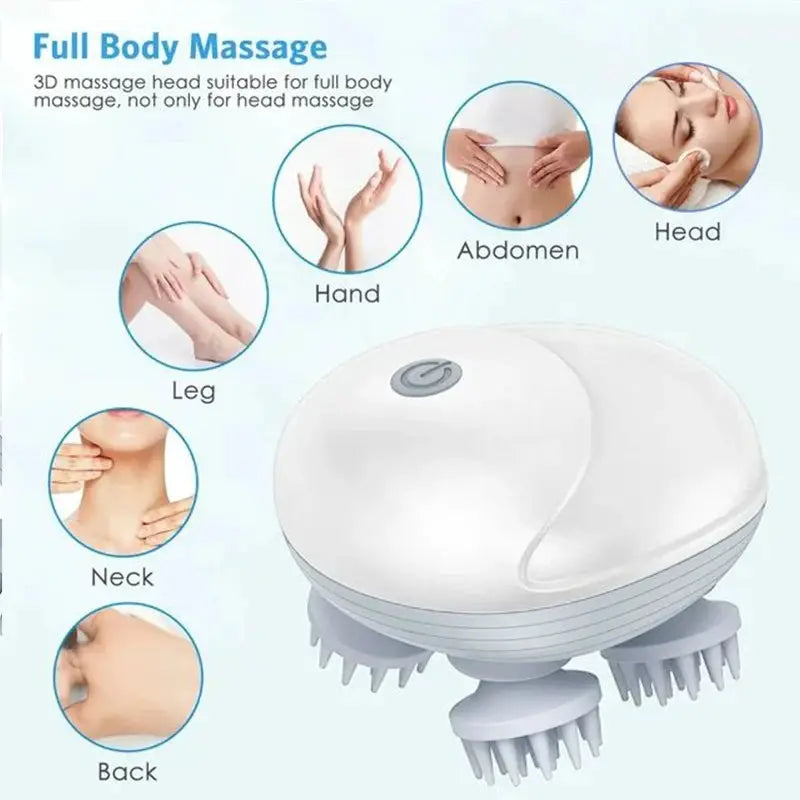 Simples Market Deep Scalp Massager, white electric massager with four rotating brush heads, washable and portable