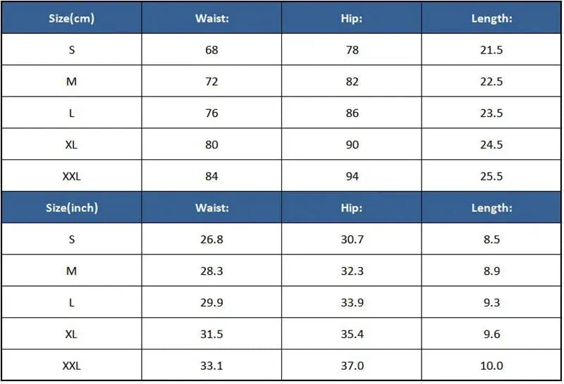 Simples Market men's swimsuit size chart with waist, hip and length in cm and inches for S–XXL.