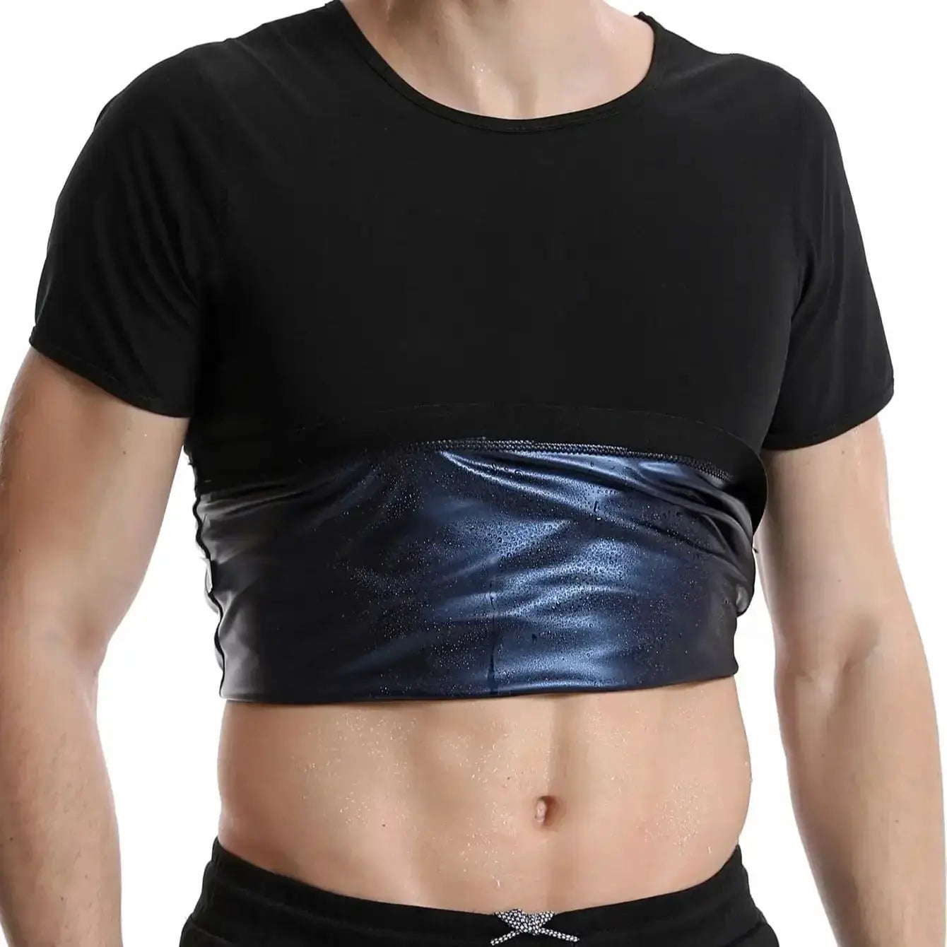 Men's sauna waist trainer shirt in black with a shiny metallic blue midsection band