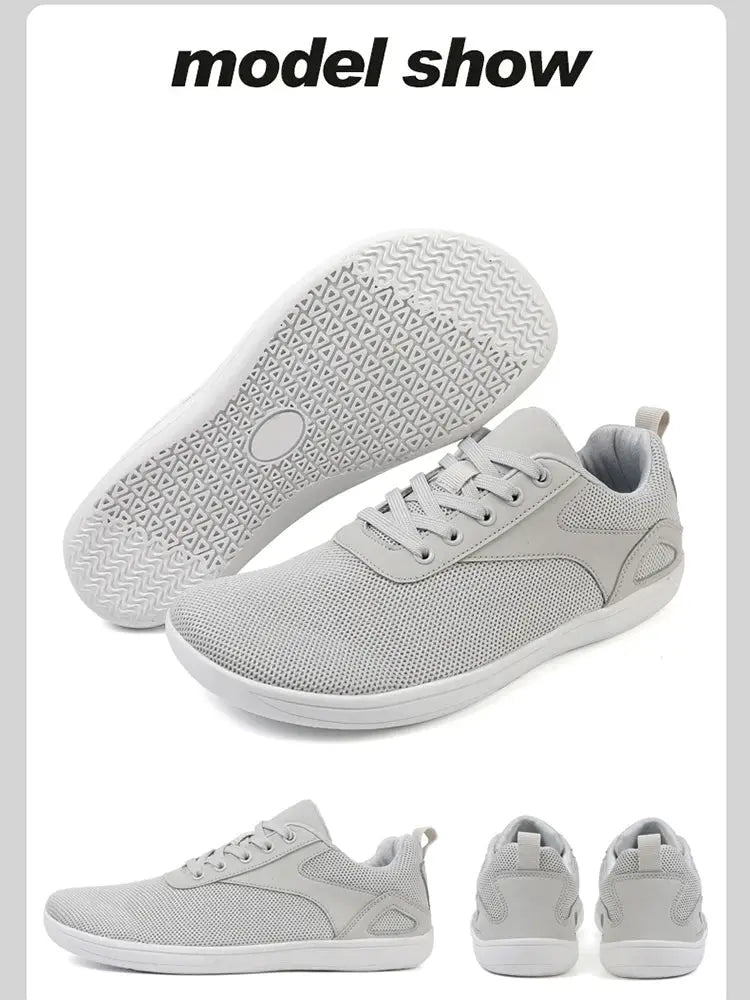 Wide-toe mesh sneakers by Simples Market; gray casual walking shoes for men and women