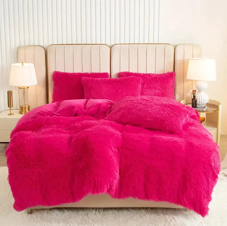 3-Piece Luxurious Plush Duvet Cover Set by Simples Market in hot pink faux fur with matching shams.