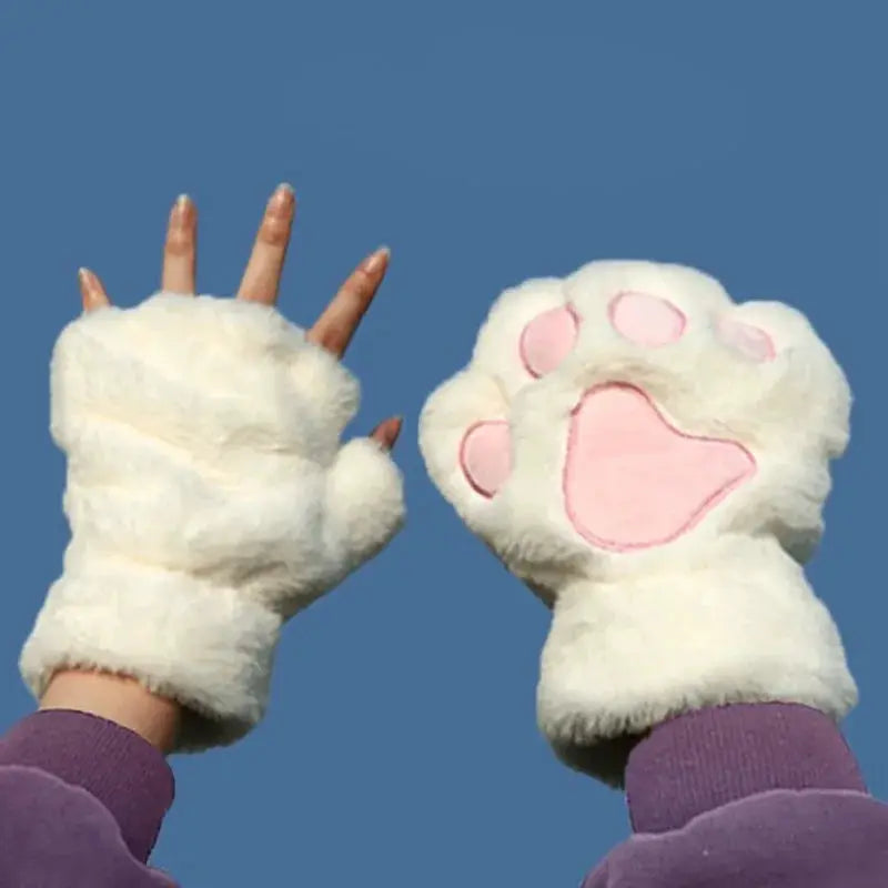 Cartoon Cute Cat Claw Paw Gloves Women Plush Mittens Warm Soft Short Fingerless Fluffy Bear Cat Gloves Costume