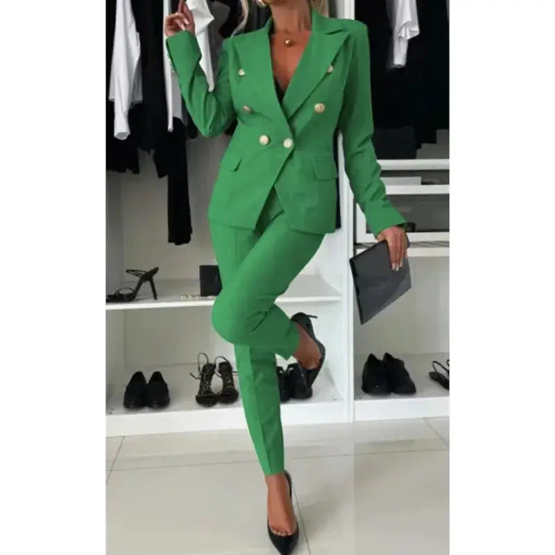 Women's green 2-piece blazer and trousers suit with gold buttons, V-neck blazer, slim fit