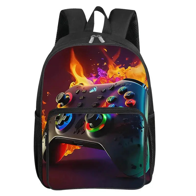 GamePad-pattern square backpack with front pocket, black with colorful controller print