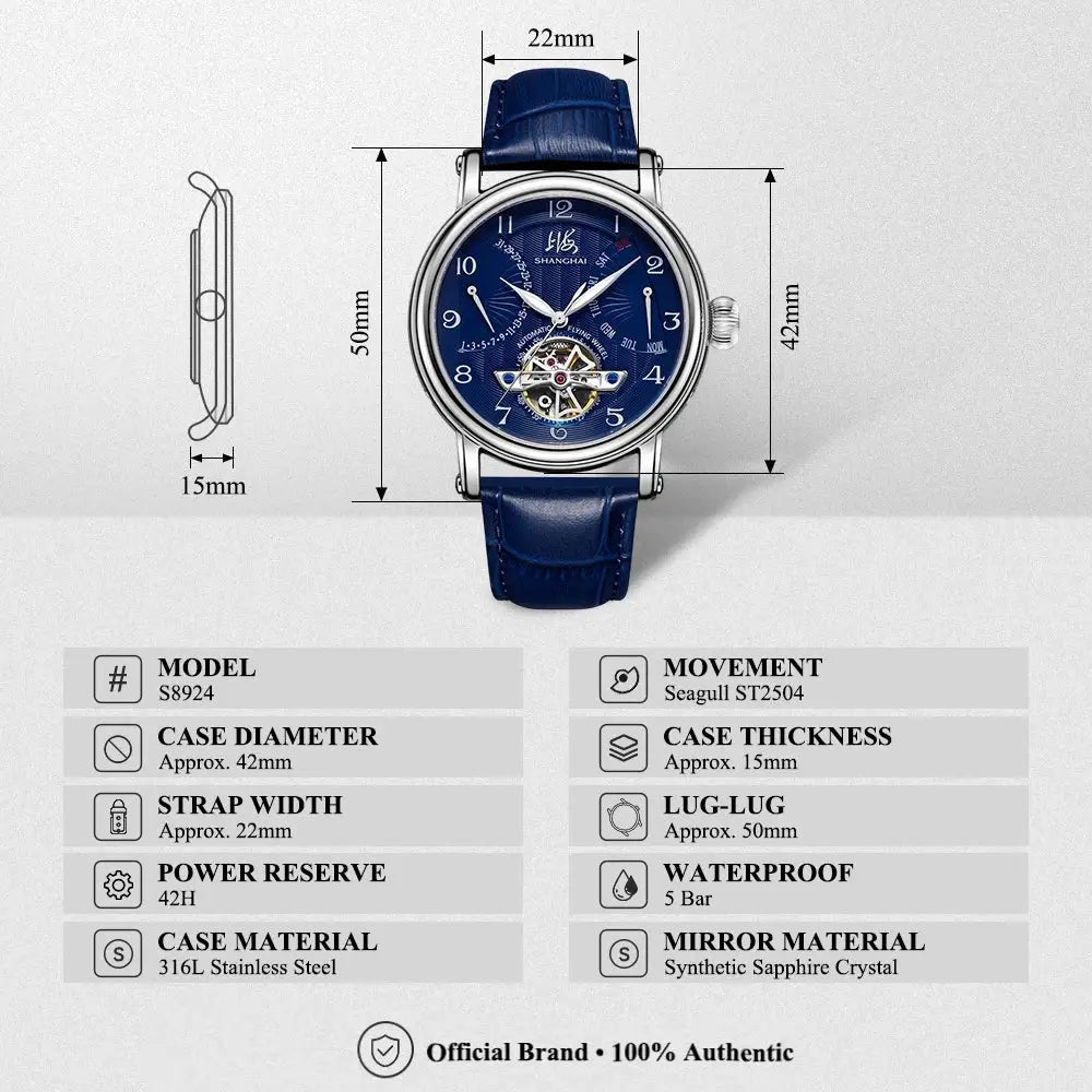 Shanghai Watch 42mm automatic skeleton dial with blue face, stainless steel case and blue leather strap