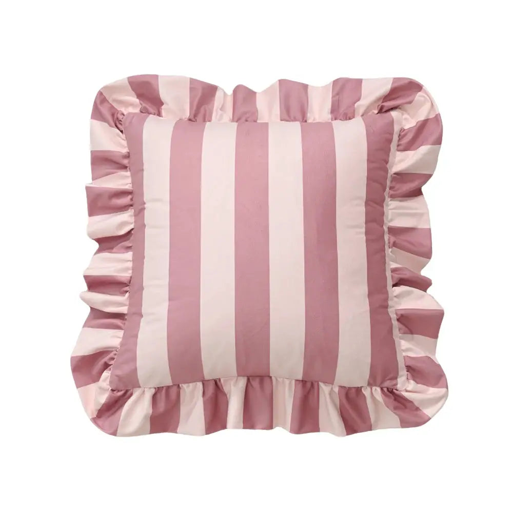 Pillowcase, striped pink velvet with light pink stripes and ruffled edges, 18x18 inch