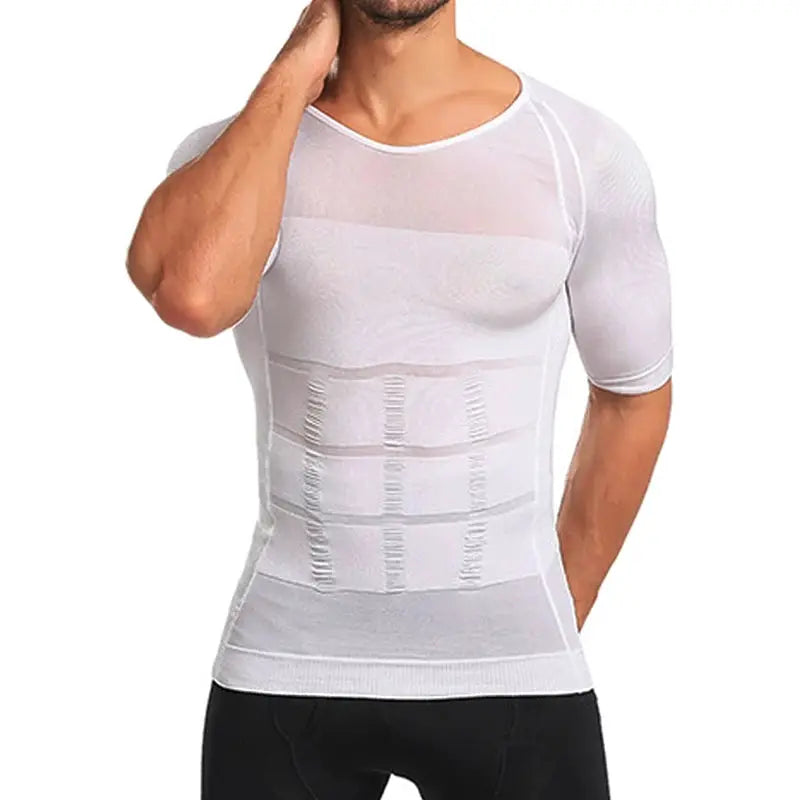 Men's white compression short-sleeve shirt with elastic abdominal panels, Simples Market.