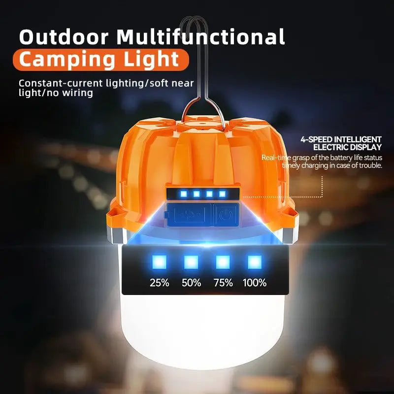Simples Market camping lantern, orange 500W LED USB rechargeable portable light with power display for outdoor use