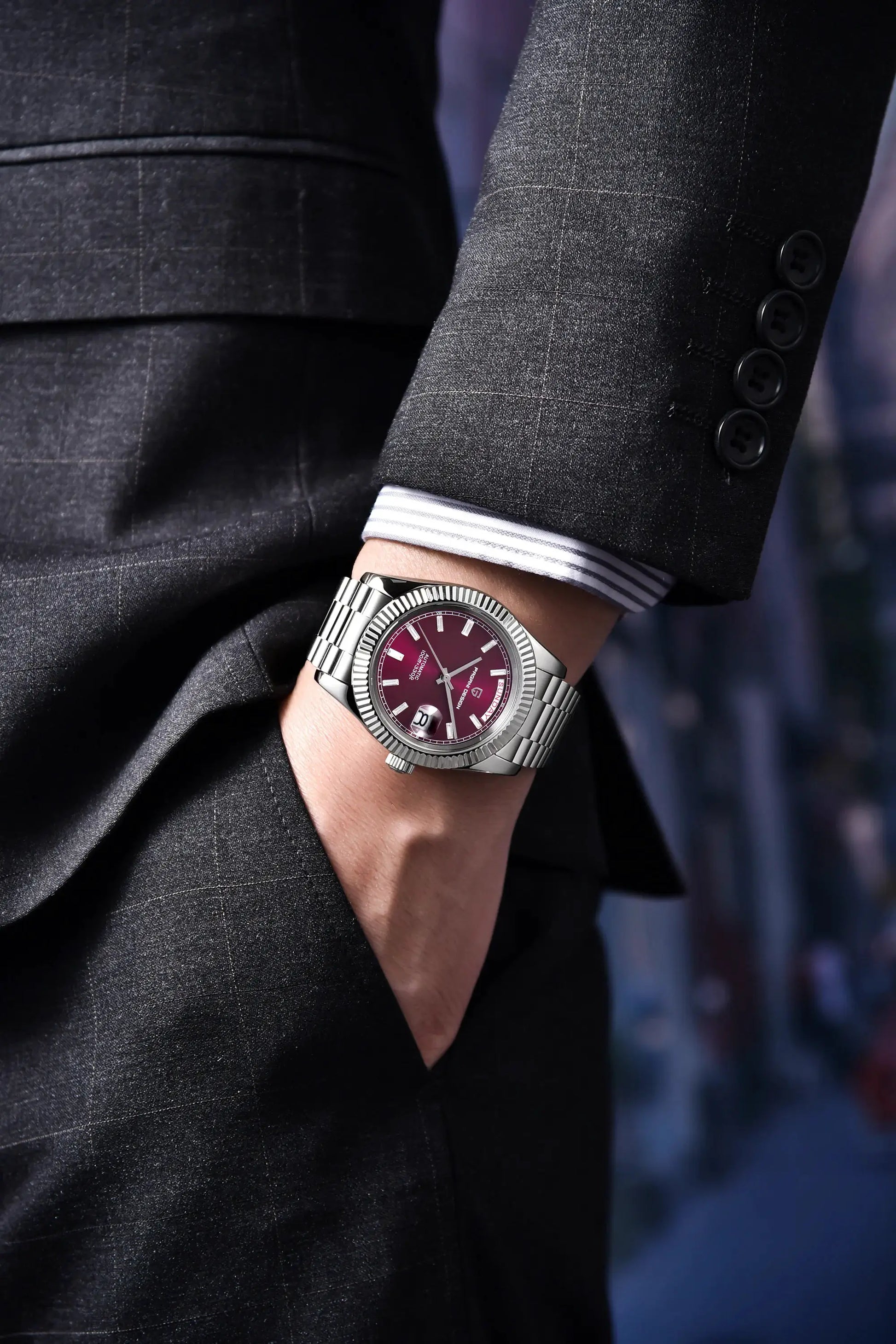 Pagani Design men's stainless steel wristwatch with burgundy dial and date window