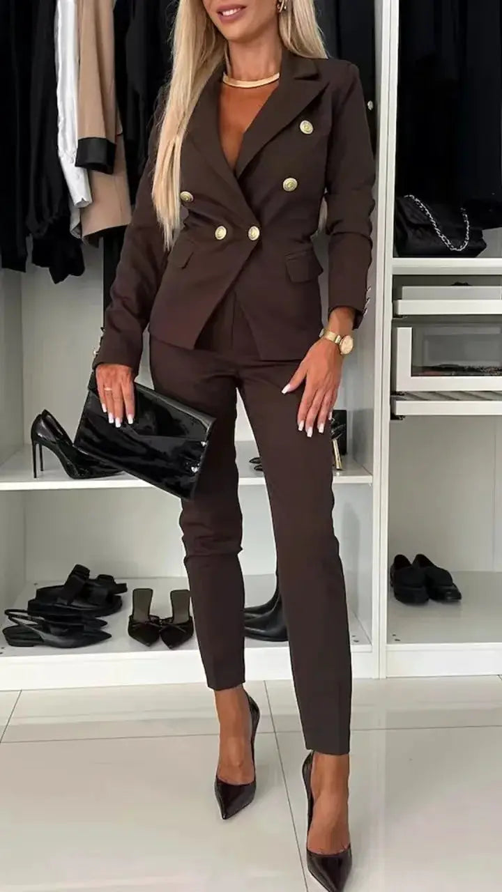 2-piece office suit for women: brown double-breasted blazer with gold-tone buttons and matching trousers