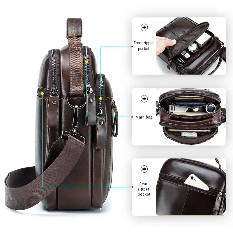 Simples Market men's crossbody bag in dark brown cowhide leather with front, main, and rear zipper pockets
