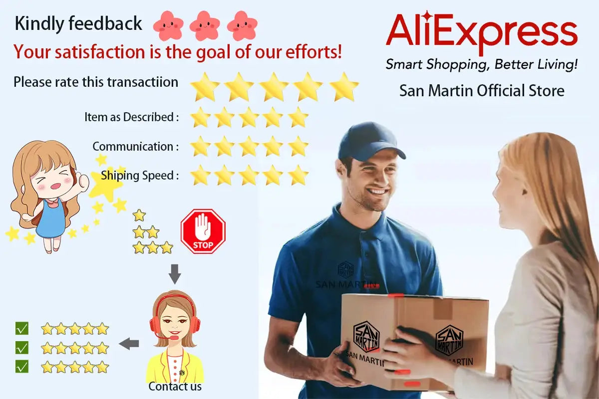 San Martin watch promo banner by Simples Market; AliExpress Official Store branding with delivery scene.