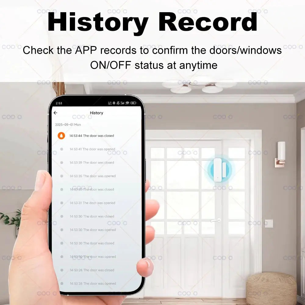 Simples Market Zigbee door/window contact sensor, white, shown with a smartphone displaying history log.