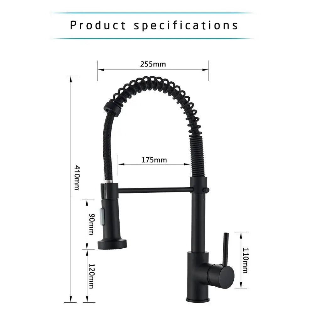 Rozin matte black deck-mounted kitchen faucet with a coiled spring hose and pull-down spray head.