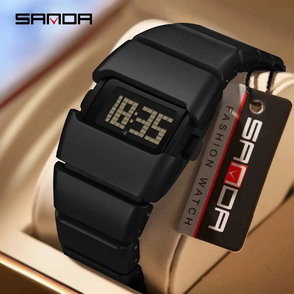 SANDA 9504 Y2K retro digital watch with black segmented band and digital display