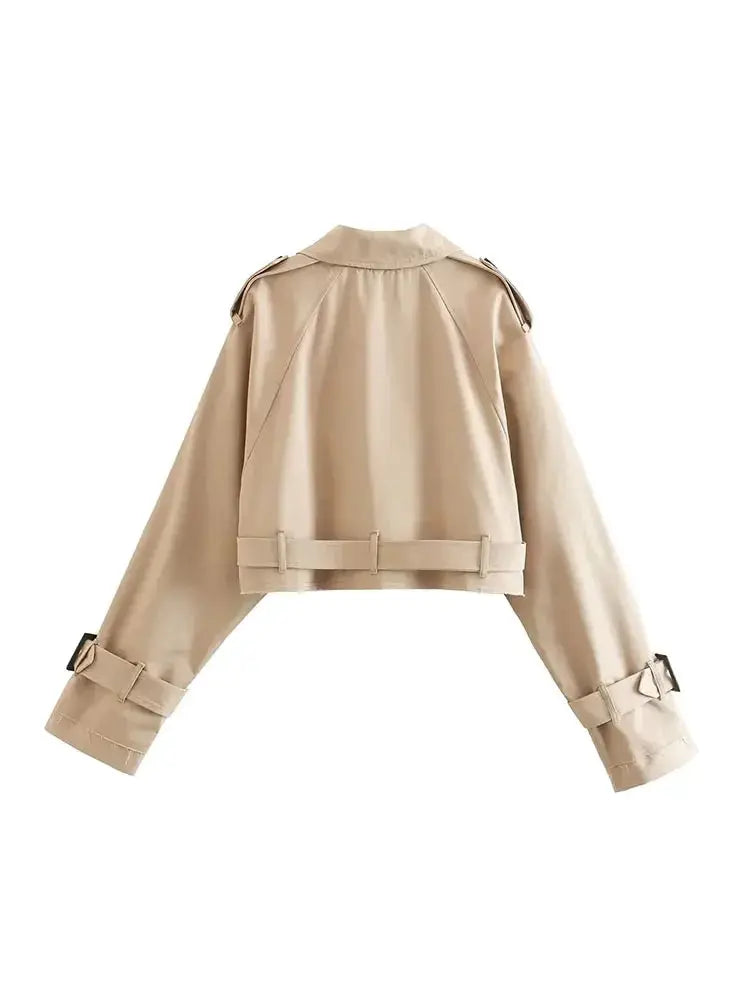 Belted Cropped Trench Coat For Women Vintage Double Breasted Spring Jacket With Long Sleeves Timeless Style