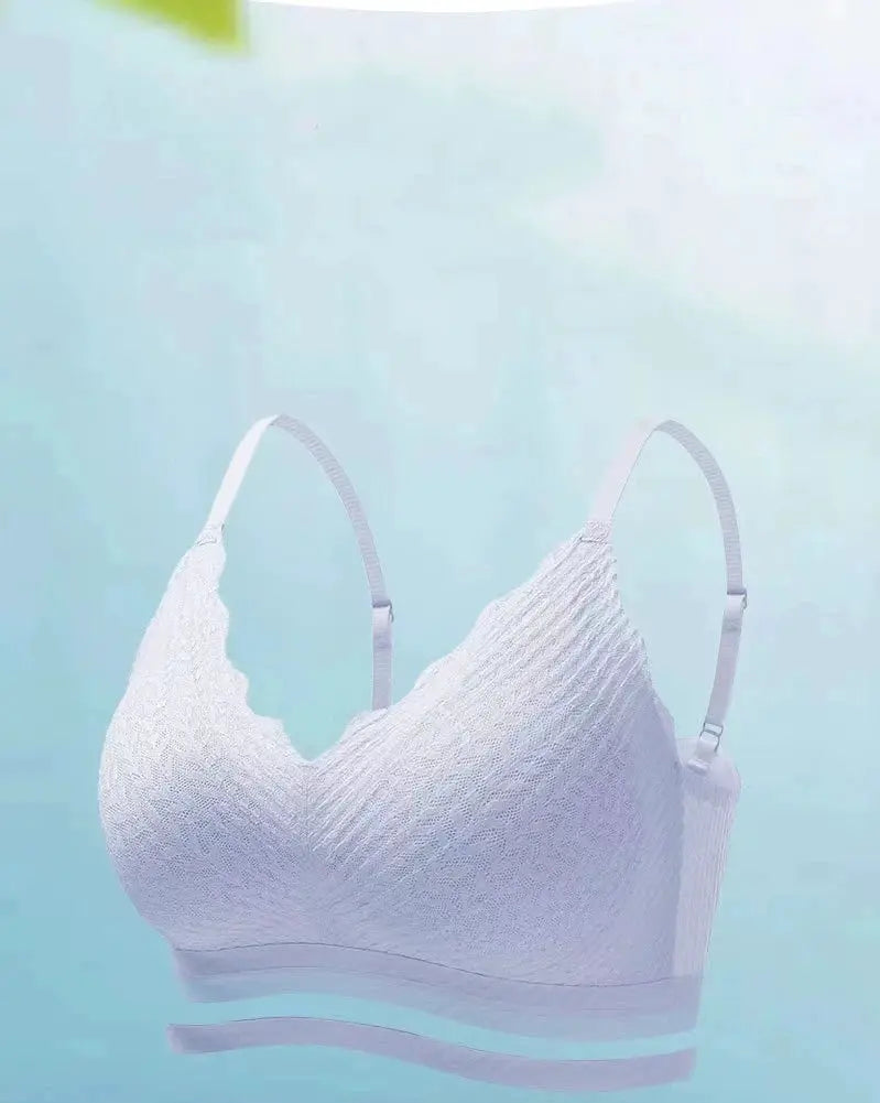 White lace seamless bra with adjustable straps and textured cups.