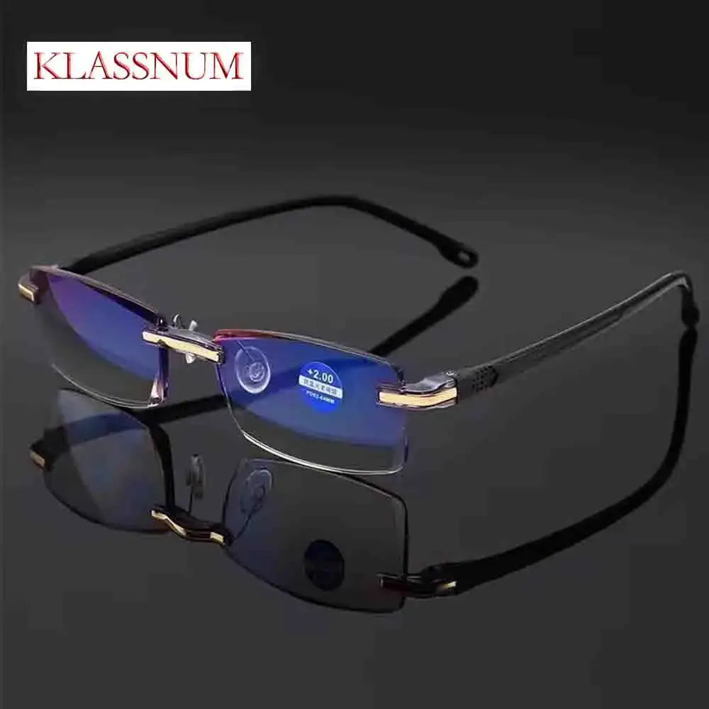 Klassnum 2025 Rimless Reading Glasses for Men and Women Ultralight Retro Square Eyewear Anti Blue Light