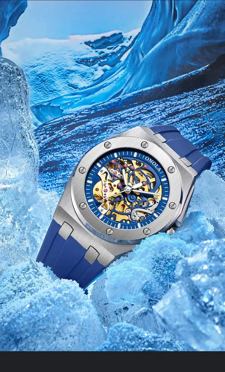 ONOLA men's luxury skeleton watch with blue dial, stainless steel case, and blue silicone strap