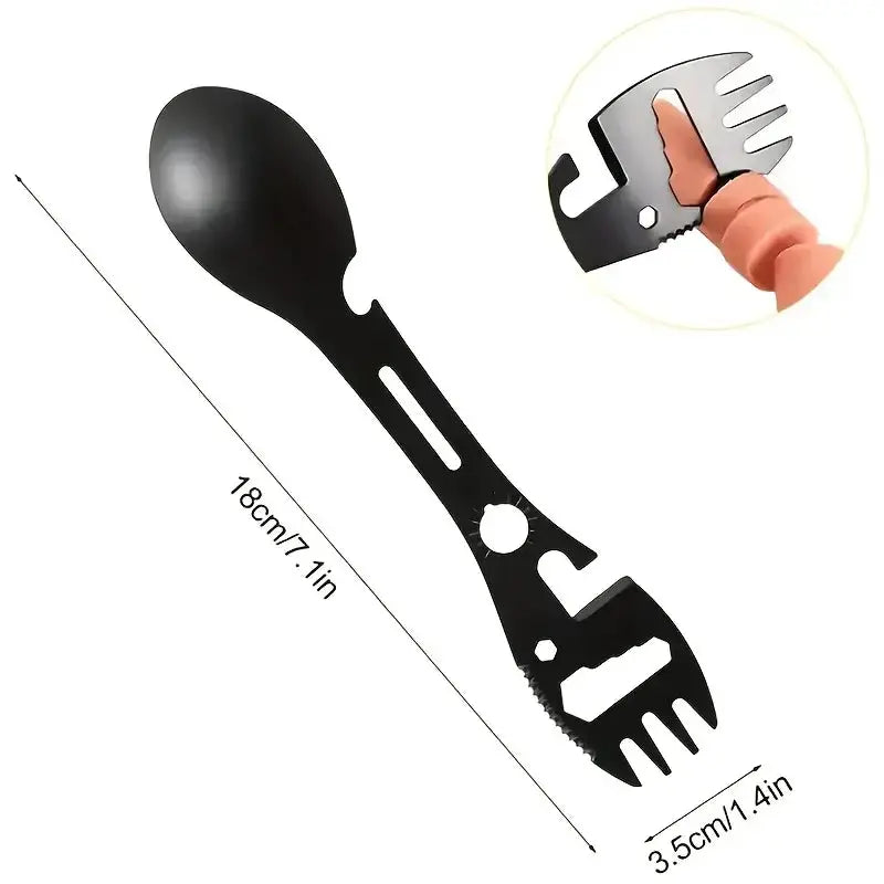 Outdoor camping fork-spoon multitool, black metal with built-in bottle opener