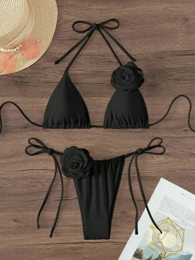 Sexy 3D Flowers Halter Strappy Bikini Women Swimwear Two Piece Swimsuit Set Size S To L For Beach Bathing