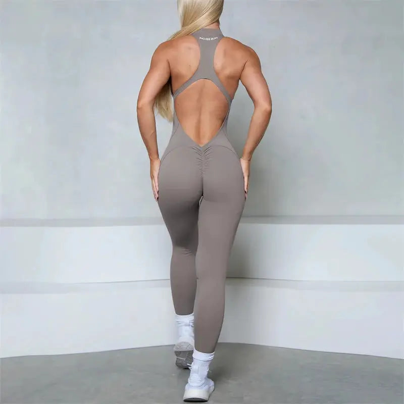 Women open-back gray scrunch-butt jumpsuit by Simples Market for gym and yoga wear