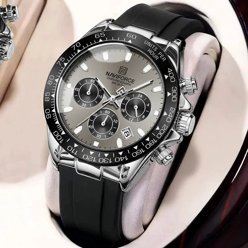 NAVIFORCE chronograph men's watch with black bezel, silver dial and silicone strap
