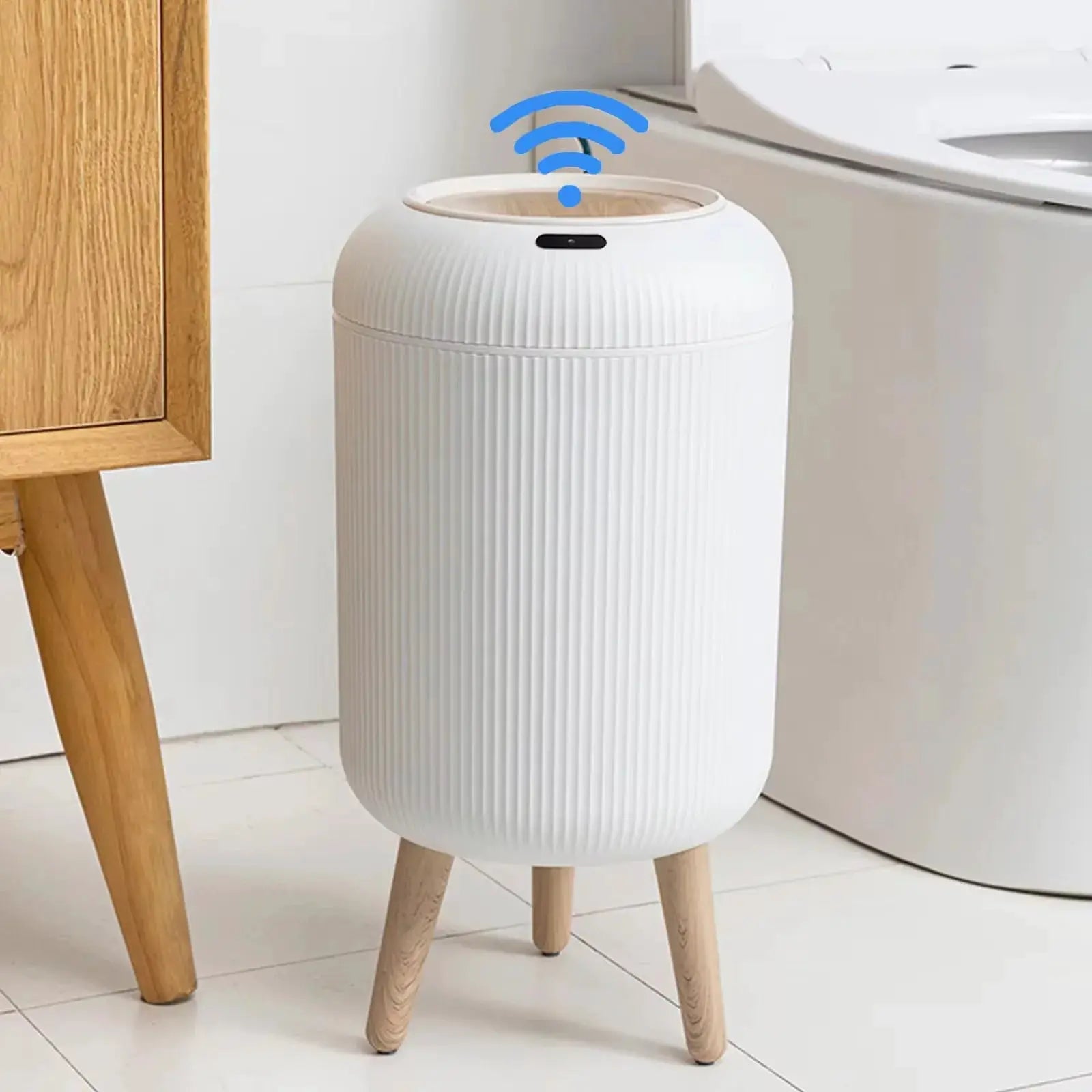 Simples Market ribbed white plastic motion-sensor trash can with lid