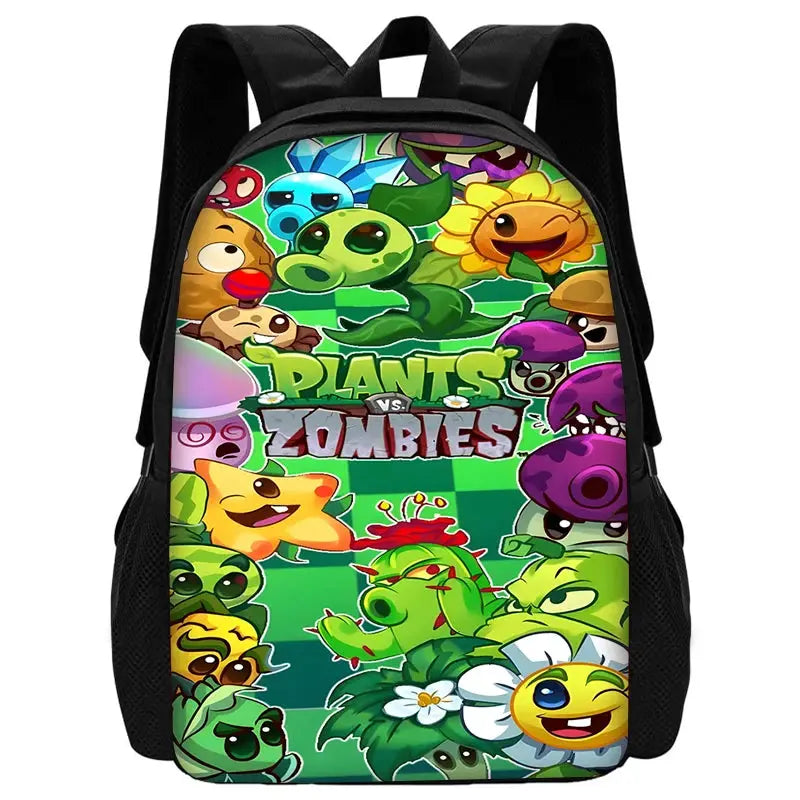 Kids school backpack with Plants vs Zombies print; colorful cartoon characters on a bright front panel, black sides.