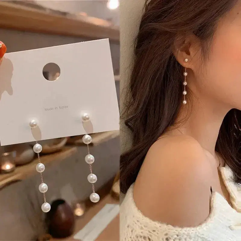 2022 New Trend Simulation Pearl Long Earrings With Flower Rhinestone Pendant For Women Wedding Korean Jewelry