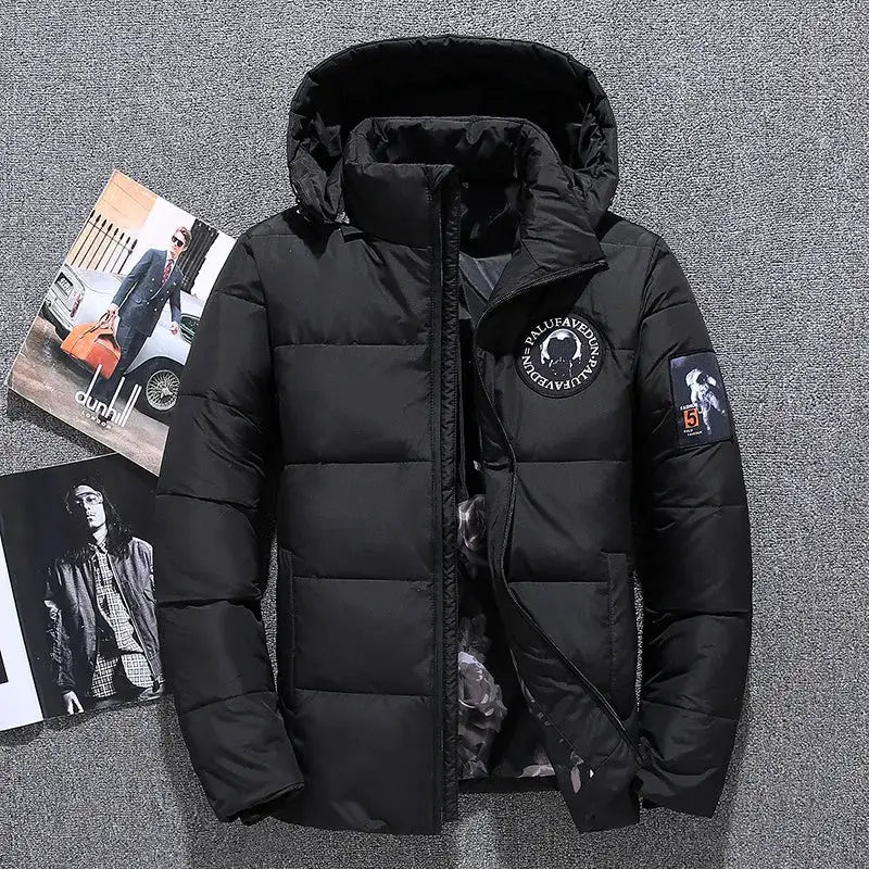 Men's black hooded down jacket, quilted puffer parka with chest logo patch