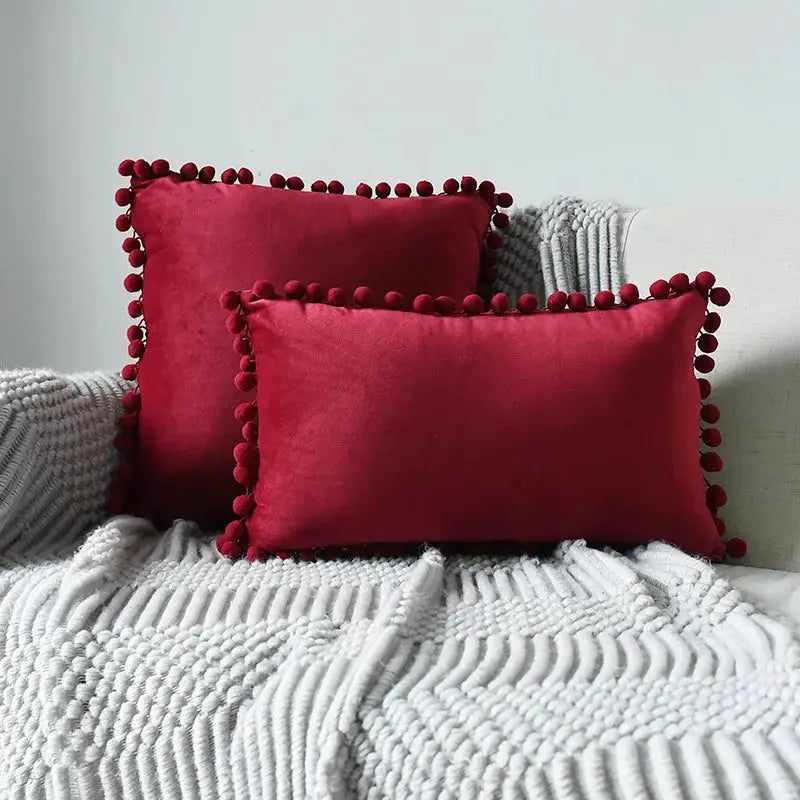 Velvet cushion covers, red with pom pom fringe, Simples Market set of 2 decorative sofa pillows