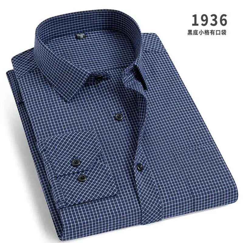 Men's long-sleeve blue check shirt with micro grid pattern and button-front