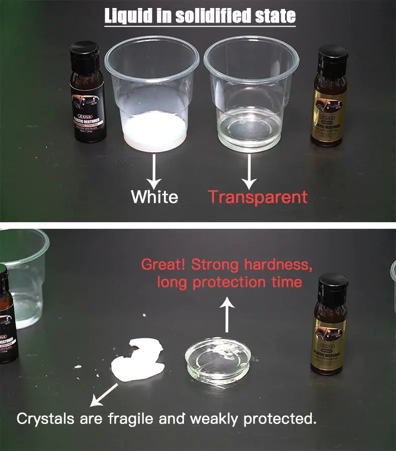 Simples Market car plastic restorer ceramic coating kit with white paste and transparent liquid in two beakers and two bottles