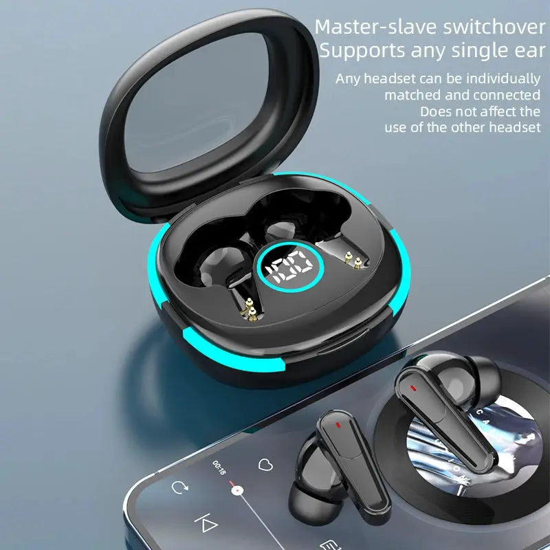 Simples Market Plus50 ANC+ENC true wireless earphones in black charging case with LED display and blue rim