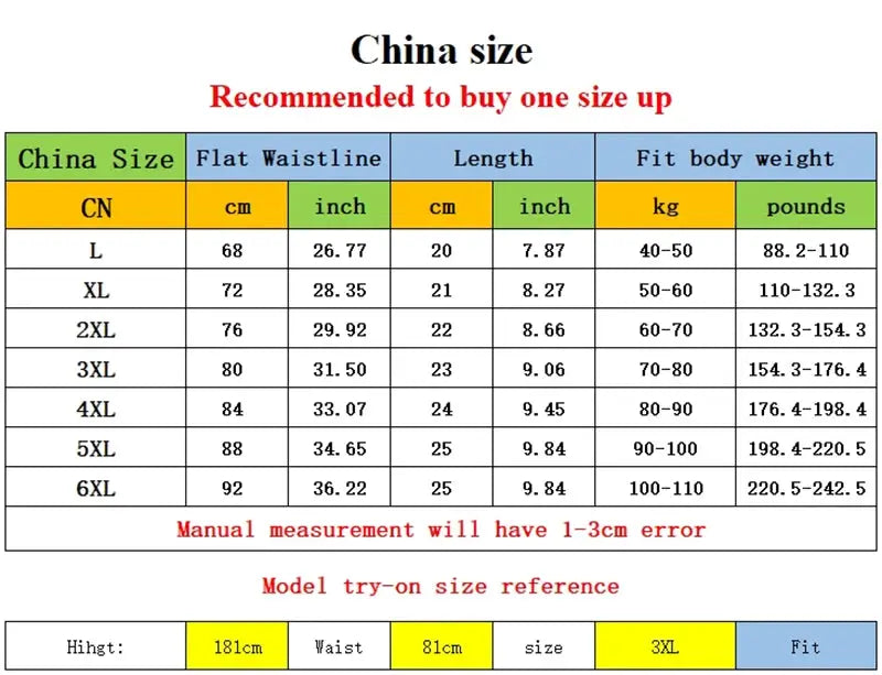 Boxer shorts size chart for Simples Market ice silk underwear; China sizes L–6XL with waist, length, model 3XL