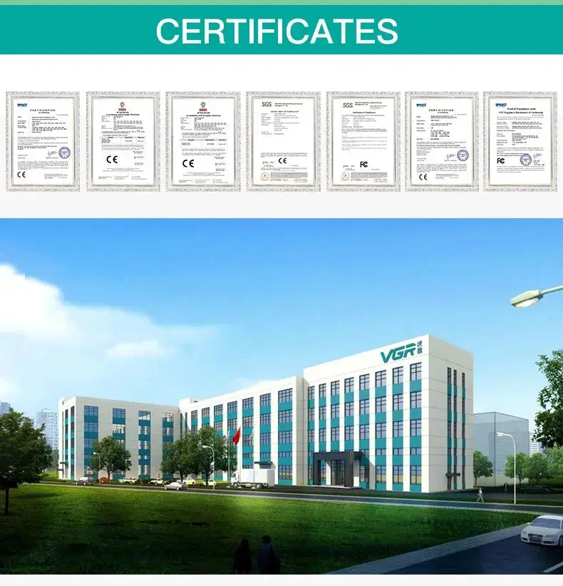VGR-branded modern office building exterior with teal-accent facade and a row of seven certificates above CERTIFICATES banner.