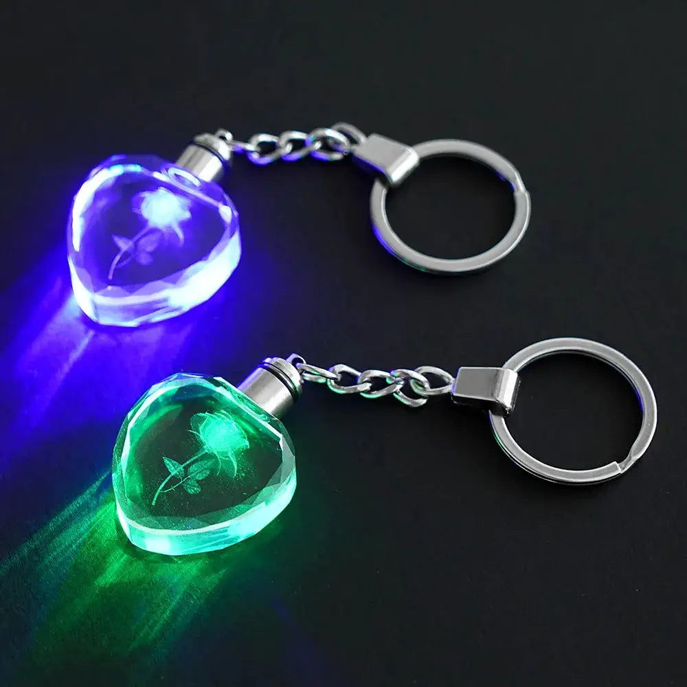 Love Heart LED Light Keychain With Colorful Fairy Rose Pattern Crystal Rhinestones