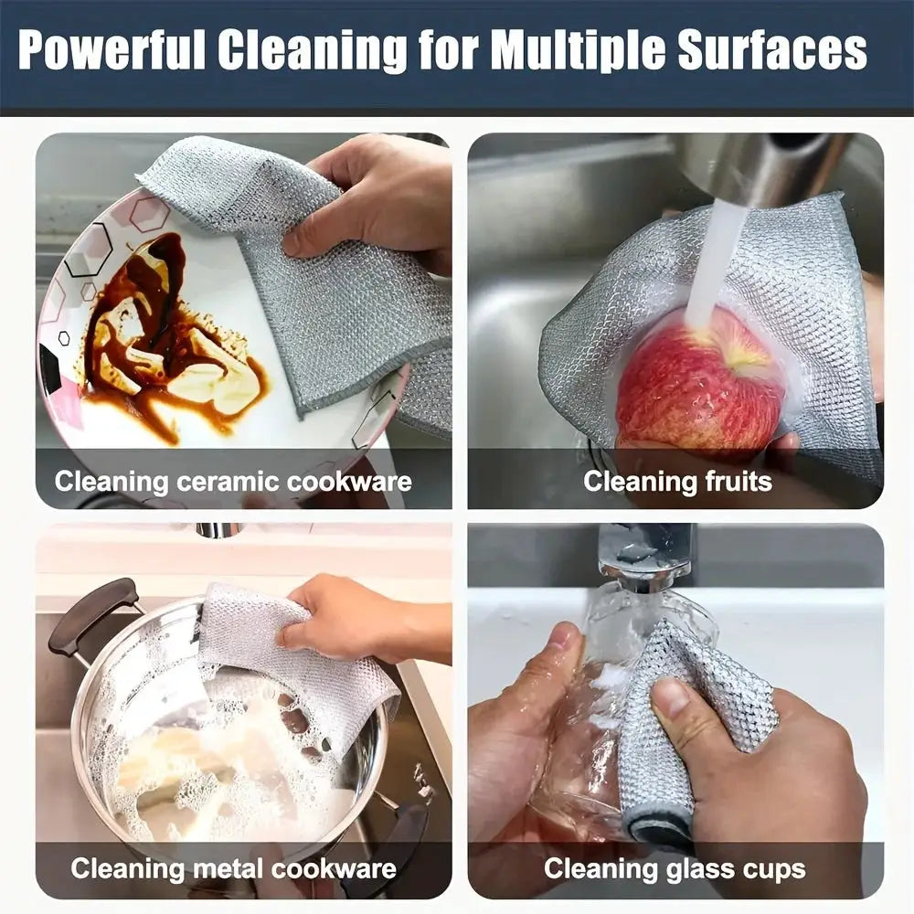 Simples Market steel mesh cleaning cloths, double-layer microfiber, silver-gray non-scratch dish rags for cookware, glass