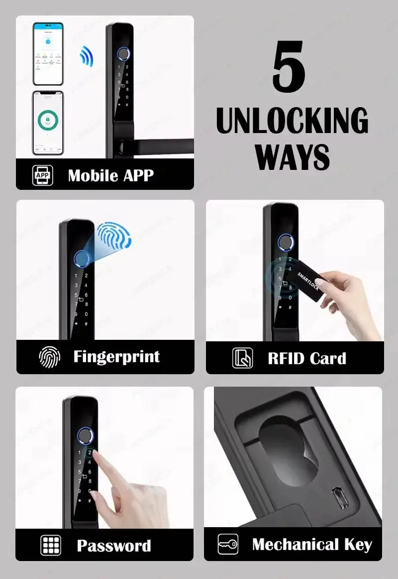 Simples Market waterproof sliding door smart lock; aluminum body with 5 unlocks: app, fingerprint, RFID, password, key