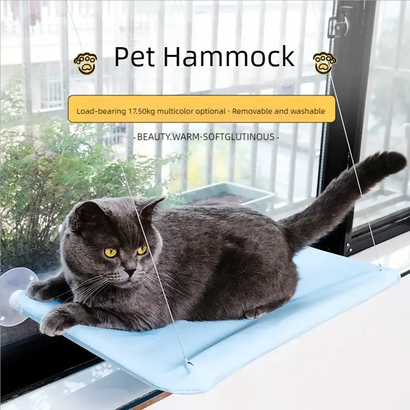 Cat hammock bed, light blue window-mounted hanging perch for cats up to 20 kg