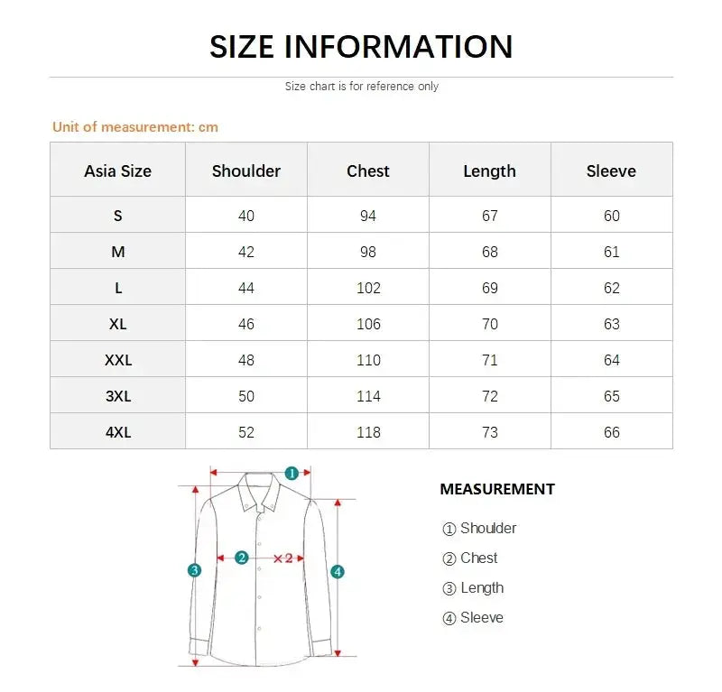 Denim long-sleeve men's shirt, 100% cotton; Simples Market, with size information diagram.