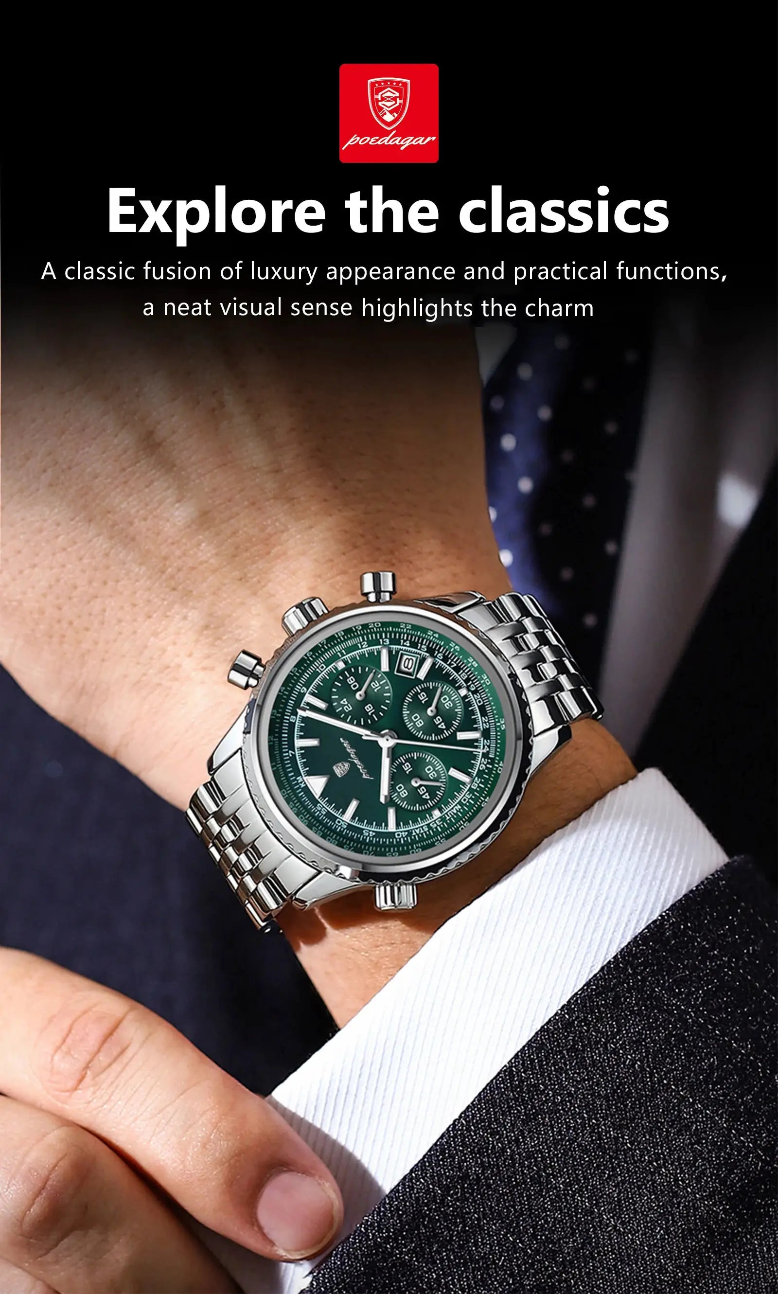 Poedagar men's luxury chronograph watch with green dial, date function, stainless steel bracelet