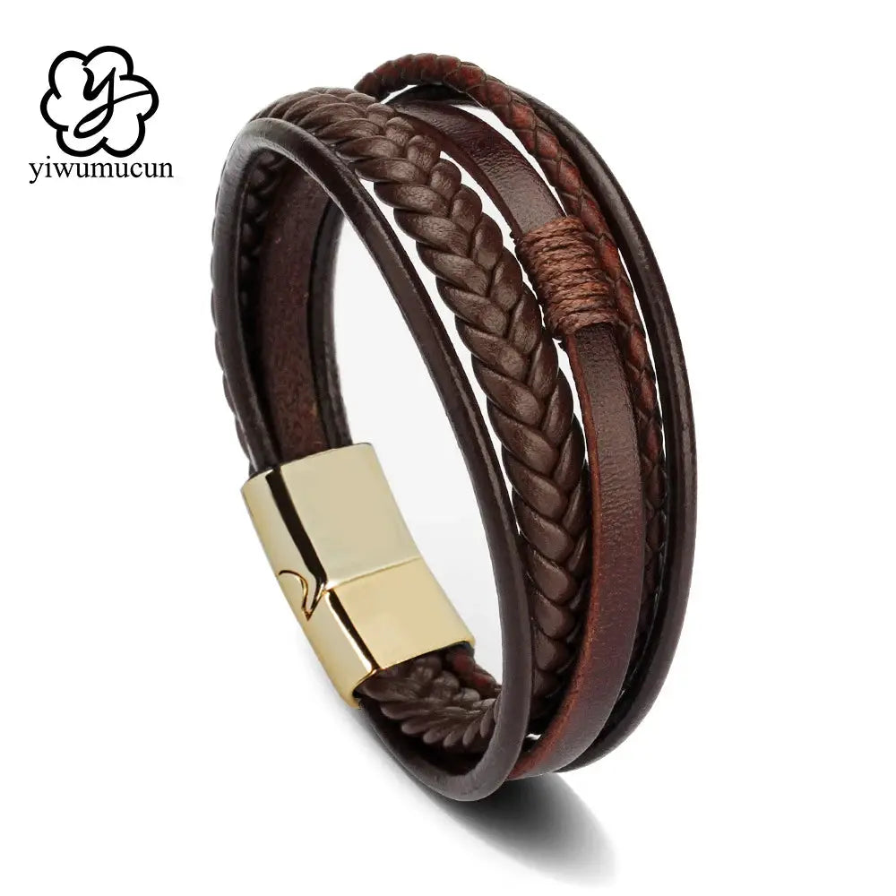 Vintage Multilayer Braided Leather Bracelet For Men Stainless Steel Rope Design Jewelry Gift