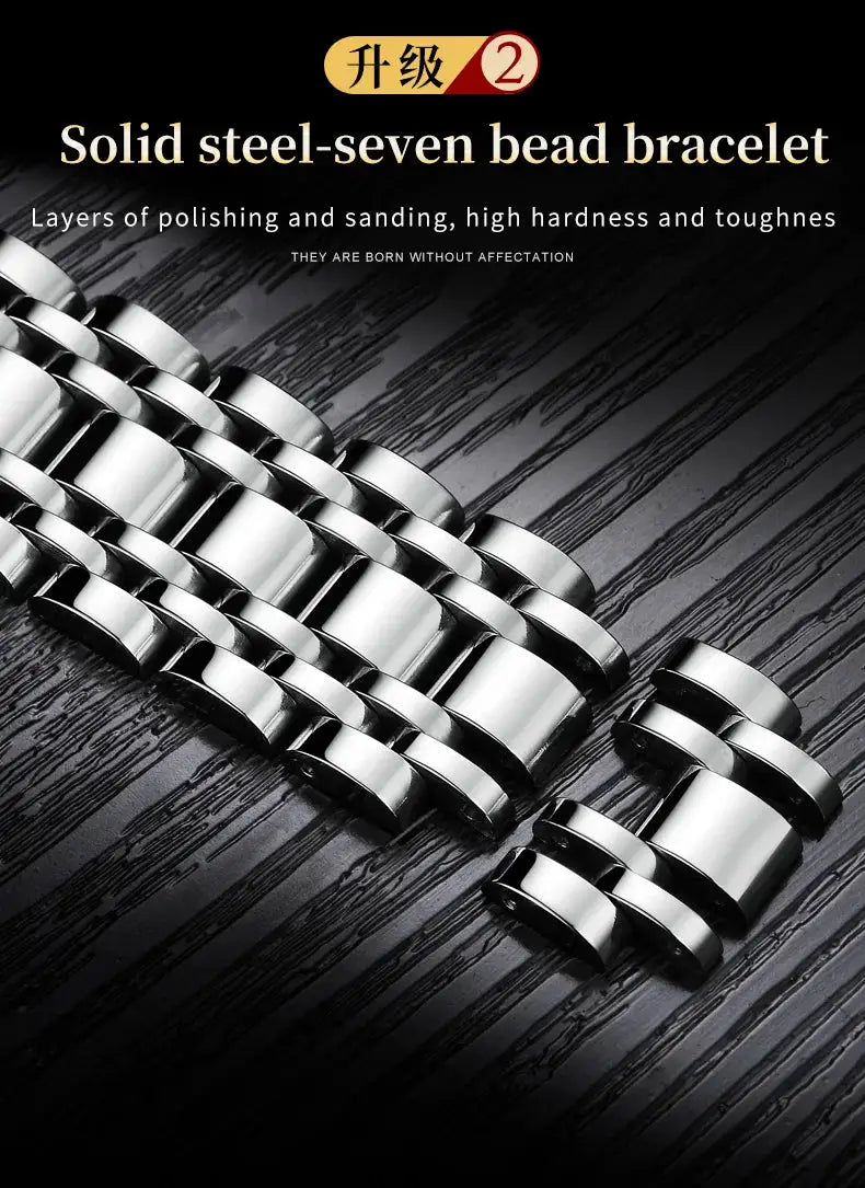 Solid steel seven-bead bracelet for watches with polished links