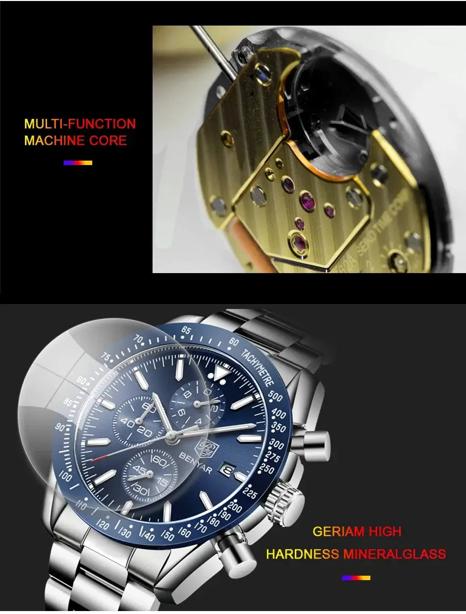 BENYAR men's stainless steel chronograph watch with blue dial and tachymeter bezel; two watches shown